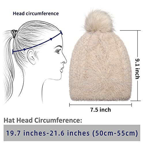 Achiou Kids Winter Pom Pom Beanie Hat, Warm Faux Fur Pompom Knit Ski Hat For Youth Girls 4-16, Fuzzy Skull Cap Fleece Lined Khaki-Khaki #TOP5