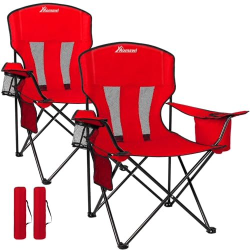 Image of Romswi Portable Camping Chairs, Heavy Duty Folding Outdoor Chairs, Folding Chair with 4-Can Cooler Bag for Camping, Fishing, Garden, 2-Pack, Red