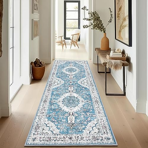 Enyhom Carpet Runners for Hallway, Blue 60 x 180 cm Classic Non Slip Hall Runners Machine Washable Kitchen Area Rug Extra Long Multi Print Floral Laundry Room Runner Mat for Bedroom Entrance