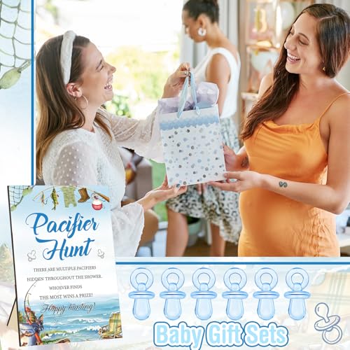 Image of Thyle 51 Pcs Fishing Pacifier Hunt Baby Shower Games a Little Fisherman Is on The Way Theme Baby Shower Game Decoration Include Hunt Sign and Acrylic Pacifiers Fish Themed Gift Sets for Gender Reveal