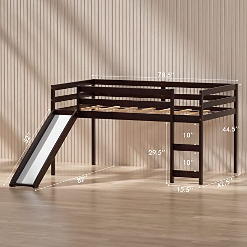 Nafort Twin Loft Bed With Slide, Low Loft Bed With Stairs, Solid Wood Twin Loft Bed Frame For Girls Boys With Climbing Ladders Guard Rails And Slat Support - Espresso #TOP1