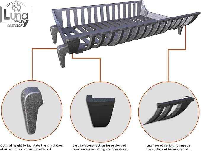 Lunaway – Soporte de leña de Hierro Fundido para Chimenea – Dimensiones anverso 68 enverso 57 x 39 x 15 cm (Pies curvos)