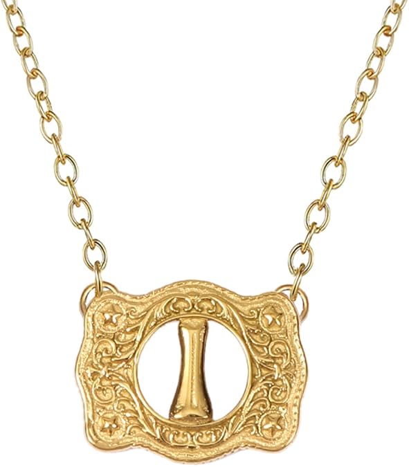 14K Gold Belt Buckle Necklace Western Style Initial Letter Pendant Necklace, Decorative Belt Buckle Frame Design