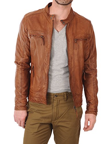 Image of D DOLLY LAMB Men's Lambskin Leather Bomber Biker Jacket - Winter Wear - Round Collar
