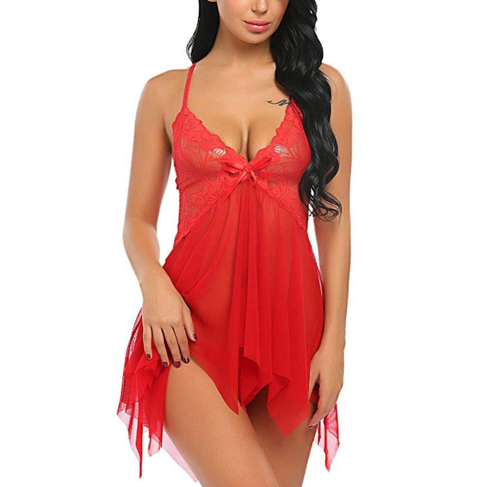Camisón de Encaje con Escote en V, Tanga, Espalda Descubierta, Malla Transparente, Ropa Interior (Rojo XXL) S