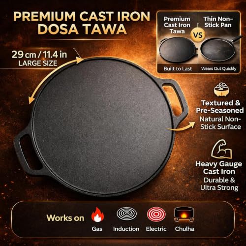 Image of Solimo Cast Iron dosa tawa Pre-Seasoned Cast Iron Dosa Tawa 30 cm | Heavy Roti /Chapati Tawa for Gas & Induction | Chemical-Free, Naturally Non-Stick Pan with Wooden Spatula (2-in-1 Flat & Grill Tawa)