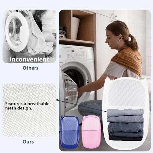 Image of Pop Up Laundry Hamper, Mesh Laundry Basket Collapsible, Foldable Hamper for Travel and Storage, 3 Pack (White+Pink+Blue)