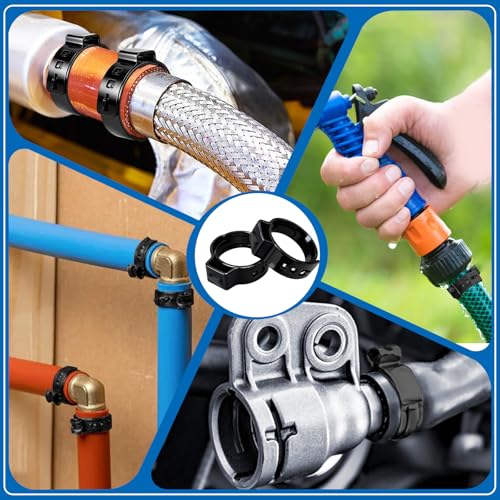 Image of 115Pcs 304 Stainless Steel Black Single Ear Hose Clamps with Ear clamp plier 6-28.6mm Crimp Hose Clamps Assortment Kit for Auto /Home Appliance /Pipe /Fuel Line Stepless hose clamp with pincer