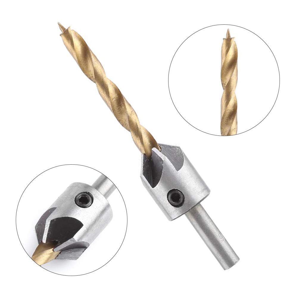 Fraise à Chanfrein 5 Flûtes Foret Conique avec Clé Hex Outil Chanfreinage pour Bois(7pcs(3-10mm))