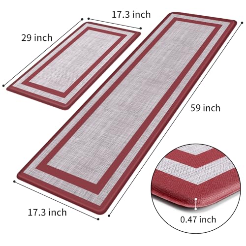 Mattitude Kitchen Mats Set of 2 Cushioned Rugs 0.47 inch Thick Anti-Fatigue Mats for Kitchen Floor,Waterproof Non-Slip Mats and Rugs Set for Office,Floor,Laundry 17.3"×29"+17.3"×59",Red - Thumbnail 2