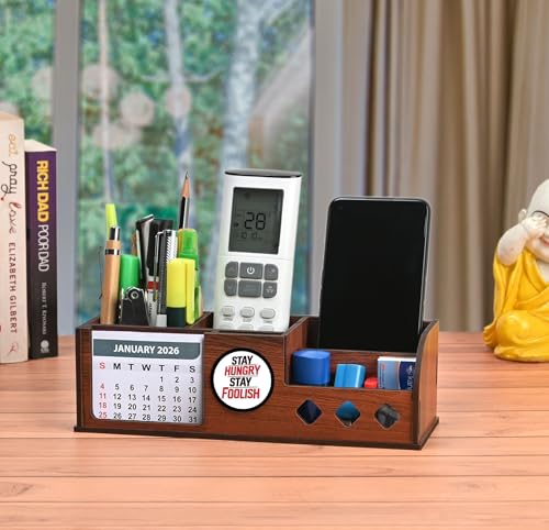 Image of GKD Wooden Motivational Quote Desk Calendar 2026 with Clock & Desk Organizer | Premium Engineered Wood Table Calendar for Office & Home Decor | Corporate Gift | Made in India