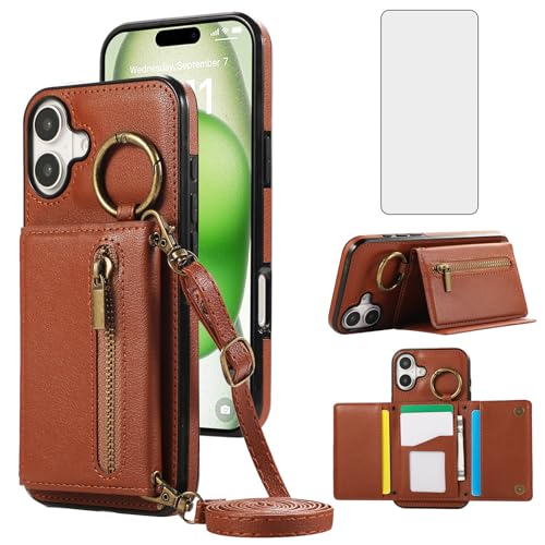 Compatible with iPhone 16 Plus 6.7 inch Wallet Case with Screen Protector and Crossbody Shoulder Strap Ring Buckle Stand Card Holder Cell Phone Cover for i Phone16 16+ i16 + 16Plus Women Men Brown