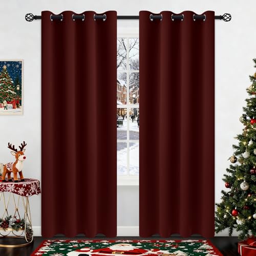 Image of COSVIYA Grommet Blackout Room Darkening Burgundy Curtains 84 inch Length 2 Panels,Thick Polyester Light Blocking Insulated Thermal Window Curtain Drapes for Bedroom /Living Room,52x84 inches | Light Blocking Insulated Thermal Curtains for Living Room, Blackout Thick Polyester Window Drapes,52x84 inches, 2 Panels