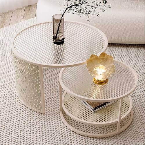 Juego de 2 mesas de centro redondas modernas con compartimentos, tablero de cristal y estante de almacenamiento, diseño tejido, patas de metal resistentes para sala de estar, dormitorio y of