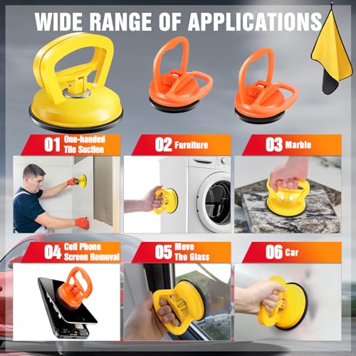 Image of Dent Puller,3 Pack Professional Dent Remover Tool Kit for Car Body Dents, with Suction Cup and Handle Lifter for Easy Car Dent Removal, Glass, Screen, and Object Moving (Yellow+Orange)