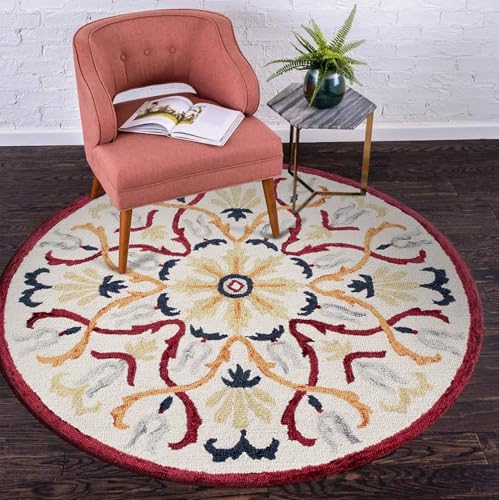 Image of Sifa Carpet Traditional Floral Round Area Rug - Hand-Tufted New Zealand Wool Circular Carpet for Dining Room & Bedroom Weight -39 Pund, Size-8x8 Feet (96x96 Inch Round)