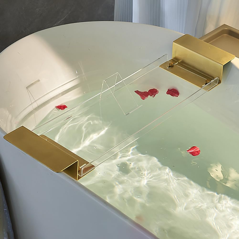 Bandeja de bañera acrílica ajustable, estante de puente para bañera con asas doradas expandibles, elegante organizador de ducha de plexiglás, bandeja de lujo para teléfono celular y soporte para copas