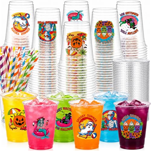 Gandeer 48 Set Summer Halloween Cups with Lids and Colorful Straws 16 oz Disposable Plastic Drinking Cups with Pumpkin Ghosts Witches Skeletons for Summer Halloween Pool Beach Party Supplies