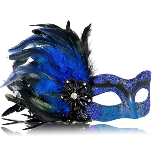 MYSEUNI Masque vénitien bleu et noir pour femme avec plumes – Masque vénitien pour bal masqué, Mardi Gras, Halloween, cosplay, Noël