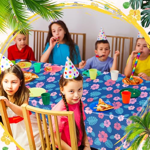 Image of Oudain 3 Sheets Hawaii Hibiscus and Tropical Leaves Tablecloth Birthday Party Decorations Blue Alien Cartoon Table Covers for Birthday Party Supplies