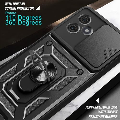 Image of Heavy Duty Back Case Cover for Moto G54 /G64 5G, Shockproof Moto G54 /G64 Back Cover, Ring Case with Kickstand and Camera Protection Shutter - Black