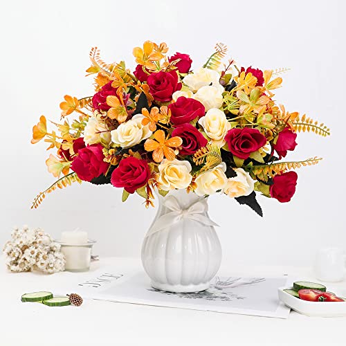 Lesing Artificial Fake Flowers With Vase Silk Artificial Roses Wedding Flowers Bouquets Home Office Party Meeting Room Decoration (Red-1) #TOP1