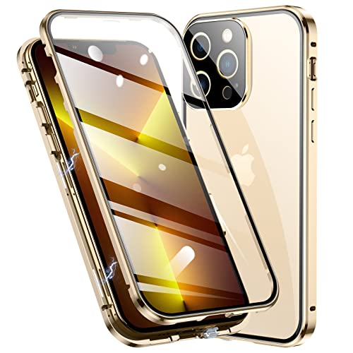 Jonwelsy Coque pour iPhone 13 Pro Max, d adsorption Magnétique Pare-Chocs en métal avec 360 degrés Protection Case Double côtés Transparent Verre Trempé Etui Housse pour iPhone 13 Pro Max (Or)