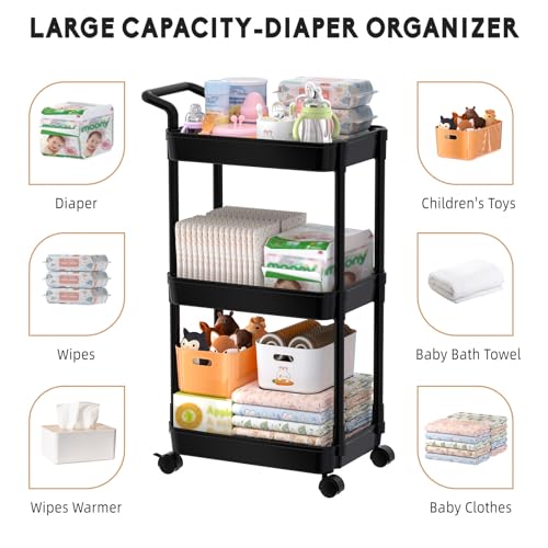 Image of Volnamal Diaper Caddy - Plastic Diaper Organizer for Nursery Essentials, Baby Organizers and Storage, Movable Cart for Changing Table & Crib, Baby Registry Search, Black