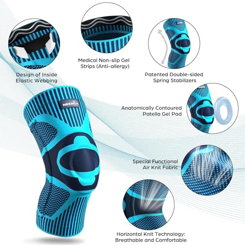 Image of NEENCA Knee Brace with Side Stabilizers & Patella Gel Pads, Adjustable Compression Knee Support Braces for Knee Pain, Meniscus Tear,Arthritis, Joint Pain Relief,Injury Recovery - Single (Blue, XXL)
