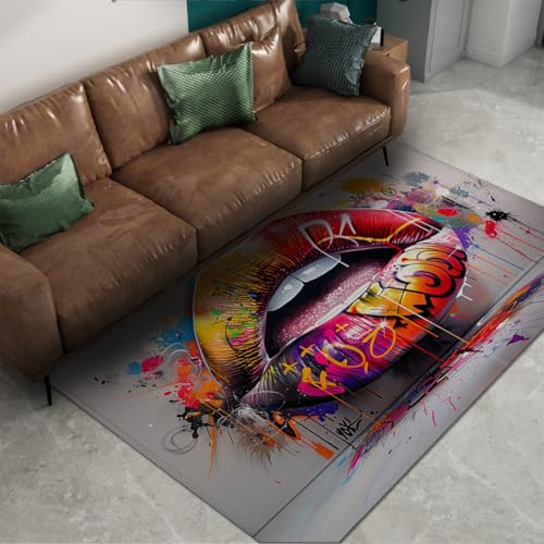 Tapis graffiti salon lavable grand format gris style boho chic moderne - 3