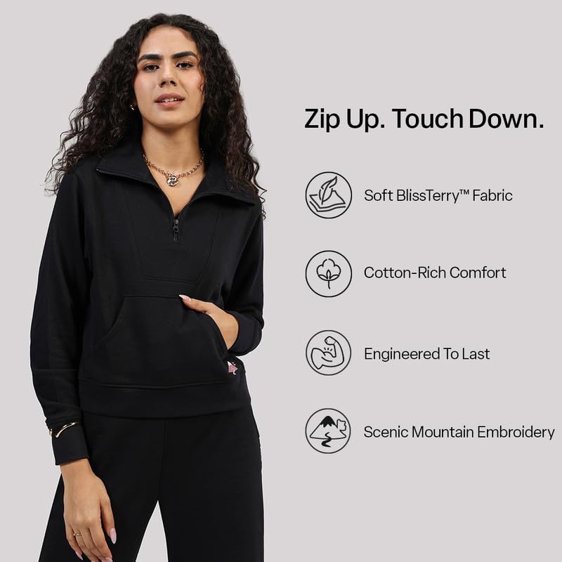 Image of BlissTerry Half Zip | Zippered front |Convertible collar to style |Kangaroo pocket for essentials |Ribbed cuffs |Cropped length