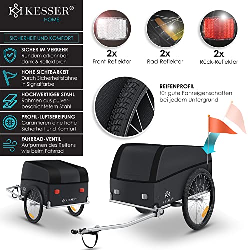 KESSER® Fahrradanhänger Lastenanhänger Transportanhänger Hochdeichsel mit Kupplung Hochdeichsel Anhänge für Fahrrad Transportbox 120 Liter Inkl. Regenschutz mit Klappfunktion & Fahne 40Kg Schwarz