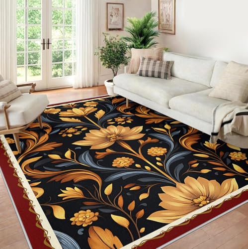 Tapis d'espace 120x170cm lavable antidérapant et tapis vintage fleuri noir et or