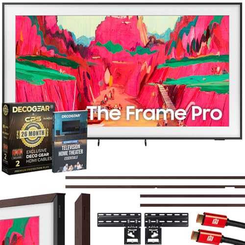 Samsung 85 The Frame Pro LS03FW 4K Neo QLED TV (2025) Bundle with Modern Brown Bezel CPS 26 Month Protection Slim Flat Mount 2X HDMI Cables & Deco Gear Complete Home Theater Beginners Guidebook