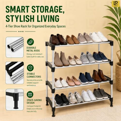 Image of LEOPAX 4-Tier Shoe Rack, Adjustable Shoe Shelf Storage Organizer Heavy Duty Iron Free Standing Shoe Rack for Entryway Closet Doorway - Black (58 x 31 x 72cm)