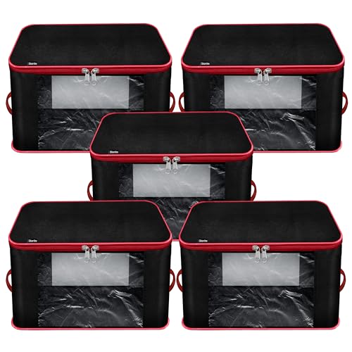 Image of Storite 5 Pack Nylon Underbed Storage Bags for Clothes with Zipper & Handle | Moisture-Proof Wardrobe Organizer Box for Sarees, Blankets & Toys | Foldable Cloth Storage Bags (Red & Black, 38x35x23 cm)