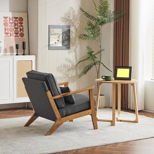 Image of Mid-Century Accent Relax Chair - Wide Armrest Lounge Chair with Linen Fabric with Lumbar Pillow (Gray, 28.3 x 31.5 x 29.5 INCH)