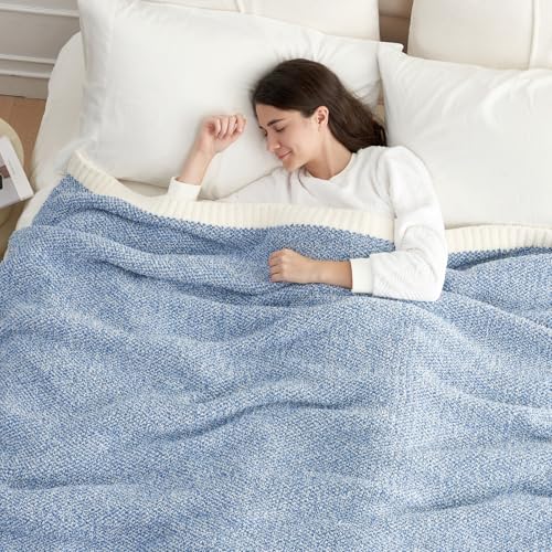 Image of Snuggle Sac Queen Size Bed Blanket Heather Blue, Reversible Super Soft Microfiber Blankets Warm Cozy Knit Fuzzy Plush Bed Blankets, Blue, Queen 90x90