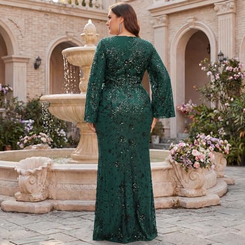 Image of Plus Size Formal Dresses for Women with Embroidery Sequin and Cape Sleeve, V-Neck Maxi Dress for Wedding and Party