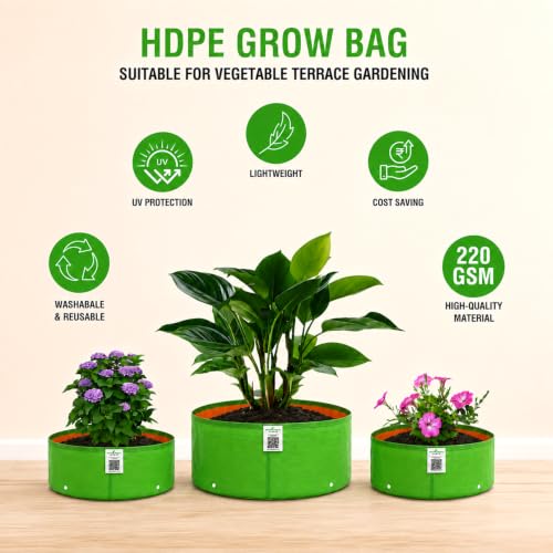 Image of Anandi Green's Premium HDPE Uv Protected 220 GSM Round Shaped Green Colour Plants Grow Bags Suitable for Terrace and Vegetable Gardening (Pack of 2, 24x9 INCH)