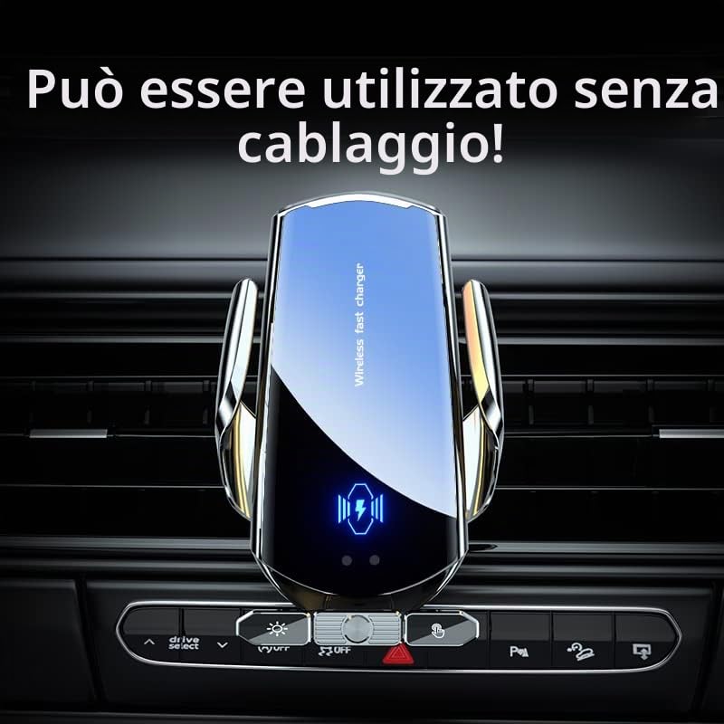 Caricabatterie wireless da auto, 15 W, ricarico rapido, supporto per cellulare, presa d'aria, ricarico magnetico, porta USB C/iOS/Micro USB (argento)