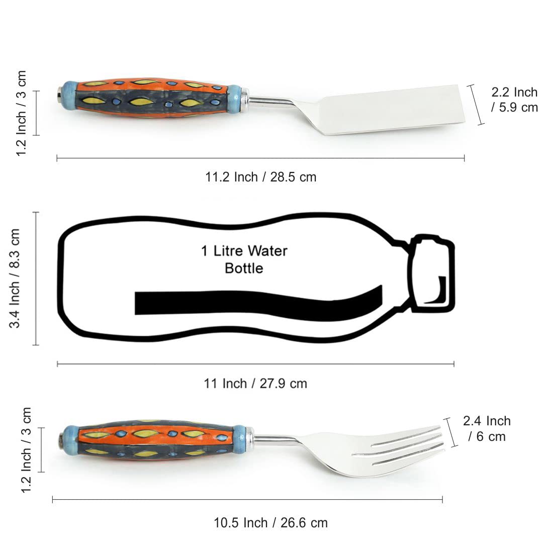ExclusiveLane "The Mughal Aakar" Hand-Painted Serving Fork & Scraper in Stainless Steel & Ceramic (Set of 2) - Cake Cutter Slicer Salad Servers Fork Serveware Dinning Table Accessories Kitchen Tools 4