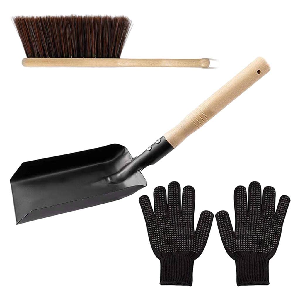 Set Attrezzi Caminetto Paletta Spazzolino Guanti Silicone Manico Legno Struttura Robusta Adatto Pulizia Ceneri Caminetto Stanza Giorno