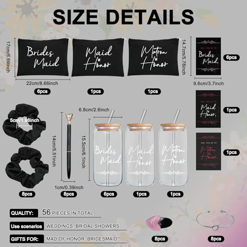 56 pcs Bridesmaid gifts bridesmaid proposal gifts, Maid of Honor Gifts contain 16oz Glass Cups Cosmetic Makeup Bags Invited Cards Scrunchies Hair Knotted Bracelets Diamond Pens love clip (Black)2
