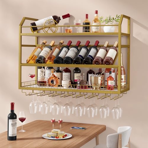Image of Hoctieon Wall Mounted Wine Rack, 31.5 inch Wall Wine Rack for Display and Storage, Hanging Bottle Holder, for Living Room, Dining Room, Bar, Wine Cellar, Gold&White