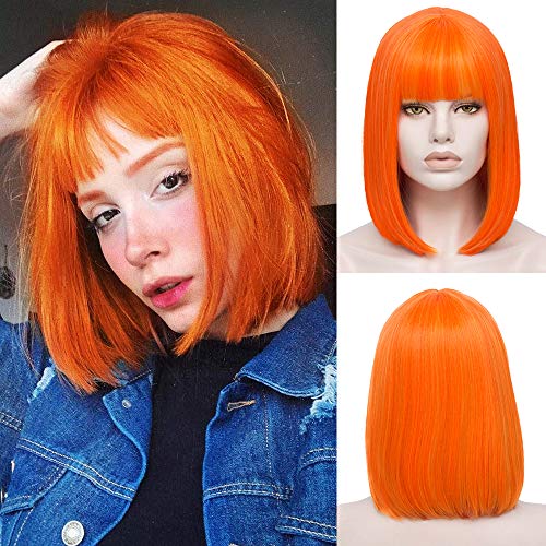 Akkya Orange Bob Wigs with Bangs for Women Short Colored Straight Synthetic Hair Orange Wig for Party Halloween Costume Cosplay Wigs(12inch,Orange)