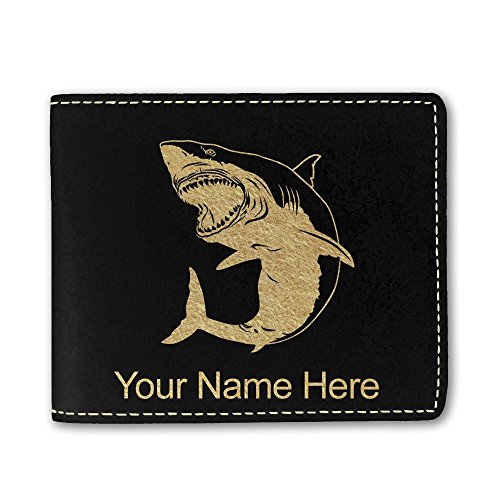 Faux Leather Wallet, Great White Shark, Personalized Engraving Included (Black)