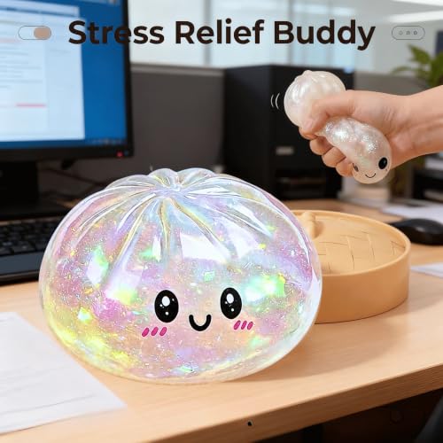 Image of Dumpling Squishy, 2PCS Glitter Dumpling Squishy Toys, Squishies Dumplings with Mystery Steamer Box, Stress & Anxiety Relief Toys for Kids & Adults Non-Edible (Glitter White Gold)