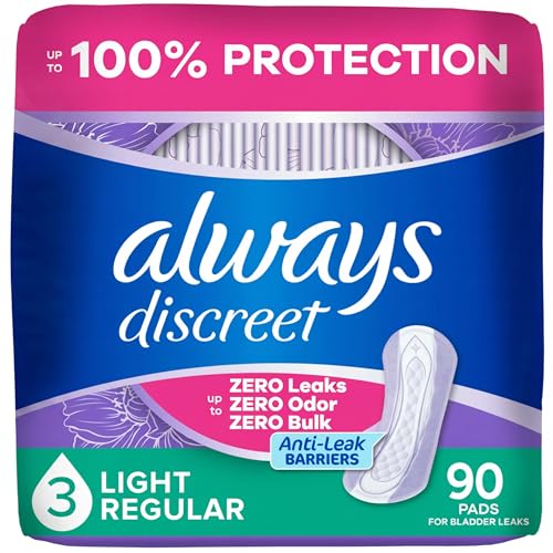 Always Discreet Adult Incontinence Pads for Women Drier 3 Drop Regular Length Light Absorbency Pads for Bladder Control Management Bladder Leaks & Postpartum Pads 90ct