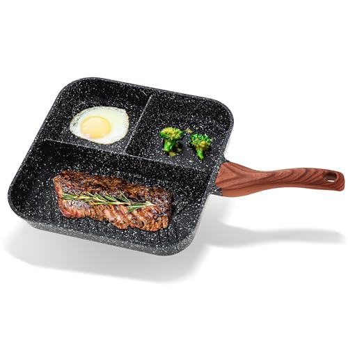 Potted Pans 3 in 1 Breakfast Pan with Sections - 11in Nonstick 3 Section Pan Skillet Divided Pan for Cooking